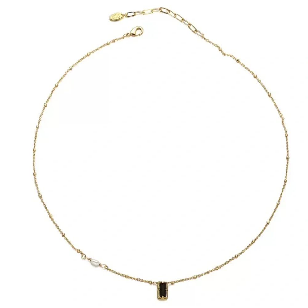 Gold Dainty Necklace with Black‎ Pendant and Pearl Accent Minimalist - Picture 6 of 6